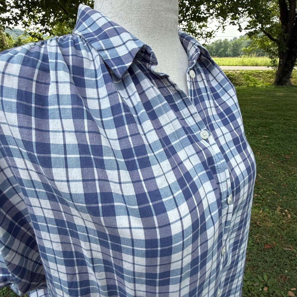 Madewell Blue White Plaid Split Back Button Front Cotton Top Womens Medium - Picture 3 of 12